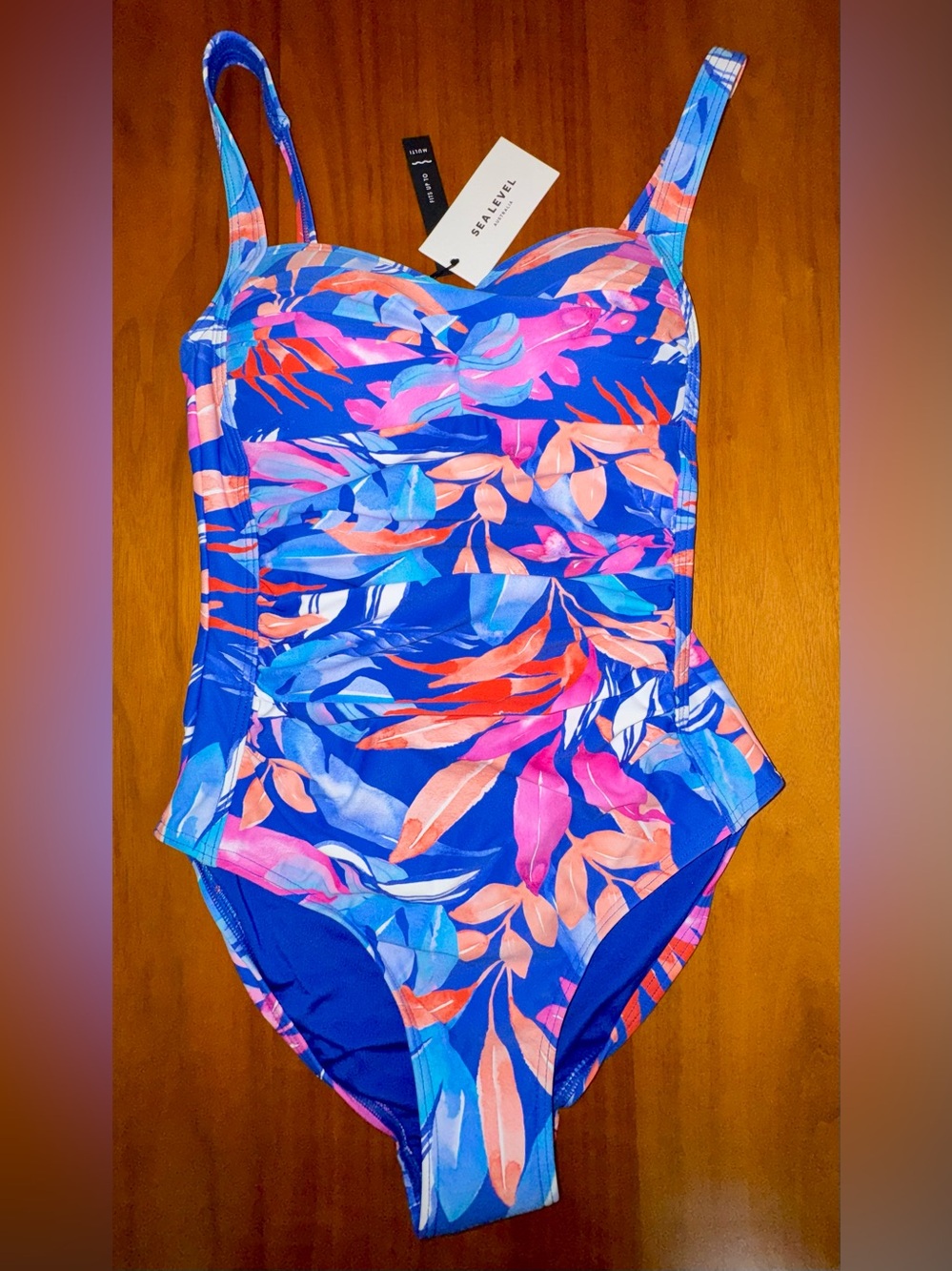 Sea Level Tropical Floral Blue Ruched One Piece Bathing Suit, Size 6. NWT